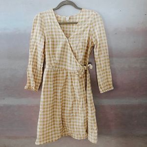 Yellow gingham linen wrap dress
